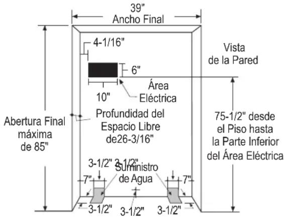 39" Ancho Final 4-1/16" 6" Área Eléctrica 10" Profundidad del Espacio Libre de26-3/16" 75-1/2" desde el Piso hasta la Parte Inferior del Área Eléctrica Vista de la Pared Abertura Final máxima de 85" 3-1/2" 3-1/2" Suministro de Agua 7" 3-1/2" 3-1/2" 3-1/2"