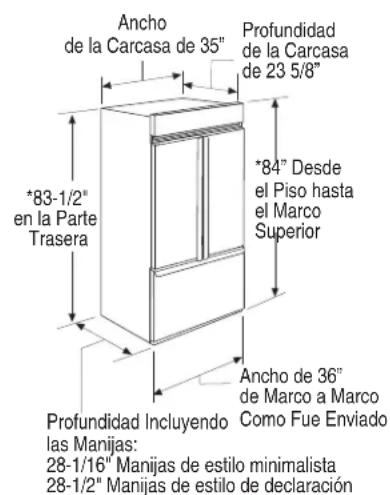 Ancho de la Carcasa de 35" *83-1/2" en la Parte Trasera Profundidad de la Carcasa de 23 5/8" *84" Desde el Piso hasta el Marco Superior Ancho de 36" de Marco a Marco Como Fue Enviado las Manijas: 28-1/16" Manijas de estilo minimalista 28-1/2" Manijas de estilo de declaración