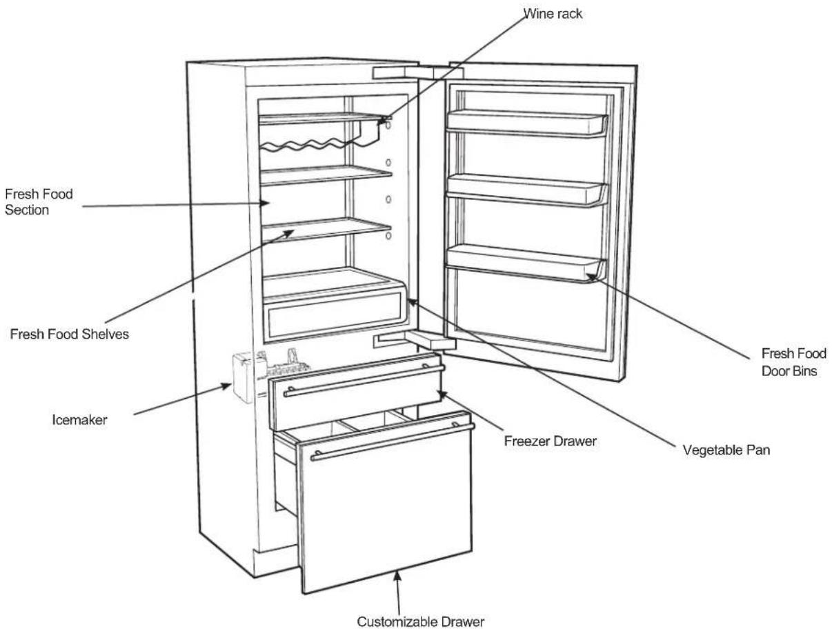 Wine rack Fresh Food Section Fresh Food Shelves Icemaker Freezer Drawer Vegetable Pan Customizable Drawer Fresh Food Door Bins