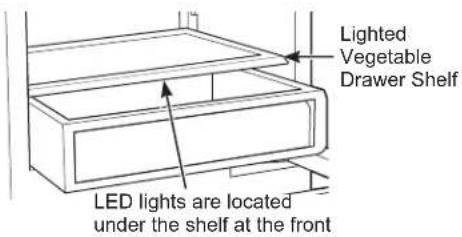 Lighted Vegetable Drawer Shelf LED lights are located under the shelf at the front