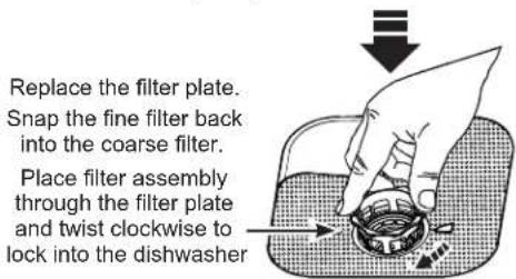 Replace the filter plate. Snap the fine filter back into the coarse filter. Place filter assembly through the filter plate and twist clockwise to lock into the dishwasher