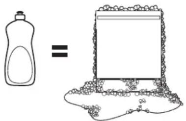Diagram showing a bottle and its equivalence to a container with granular substance, illustrating chemical equivalence.