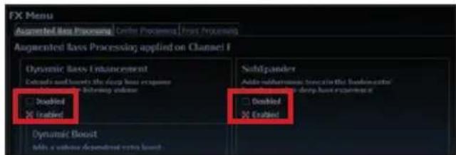 FX Menu Augmented Loss Processing Control Processing | Front Processing Augmented Loss Processing applied on Channel F Dynamic Loss Enhancement Extraed and Boost the sleep loss response ■ Doubled ■ Enabled Subfpander Add subframe noise in the backbone ■ Drop, base, base experience □ Doubled ■ Enabled Dynamic Boost Add a value dependent extra level
