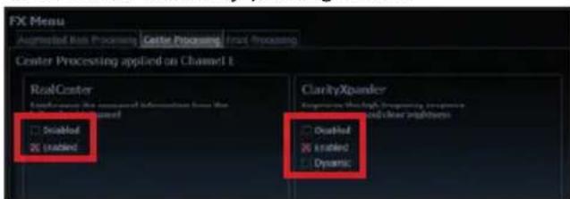FX Menu Augmented Base Processing Caste Processing End Processing Center Processing applied on Channel 1 RealCenter Status: The required information from the system □ StatusMod □ Statused ClarityXpander Parameters: The high-processing process and other processors □ Statused □ Statused □ Dynamic