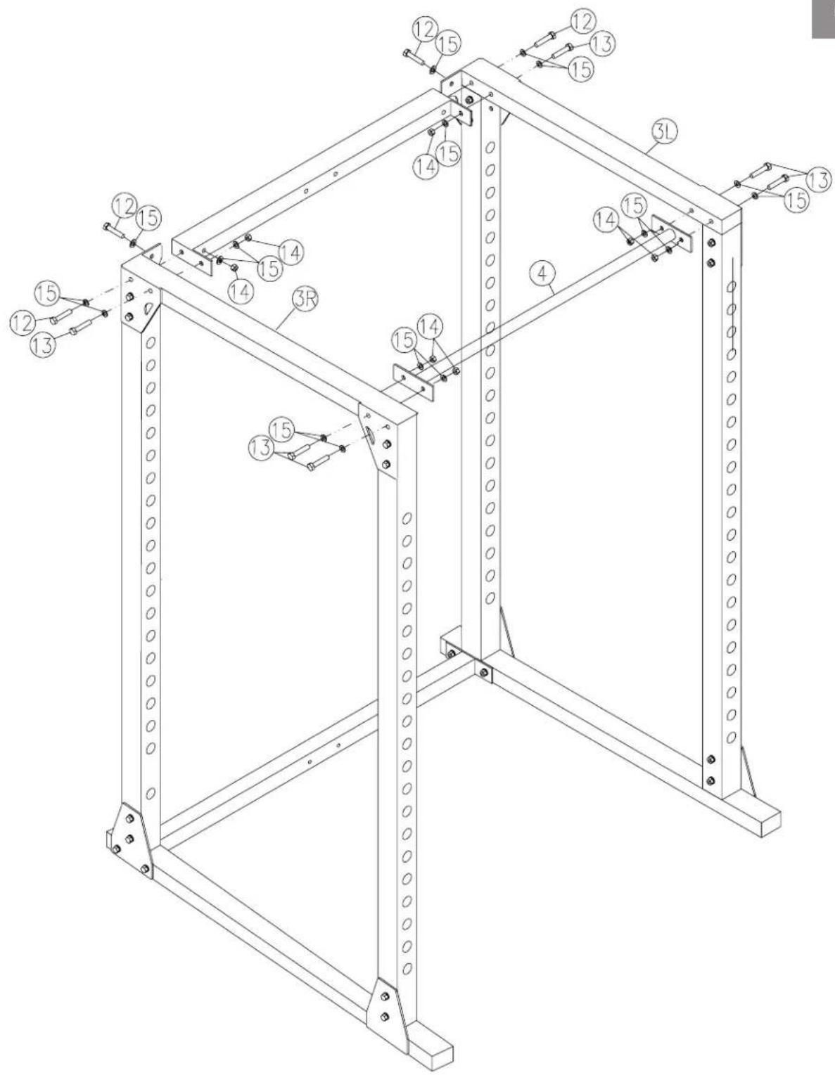 Technical diagram of a metal frame structure with numbered components and mounting points