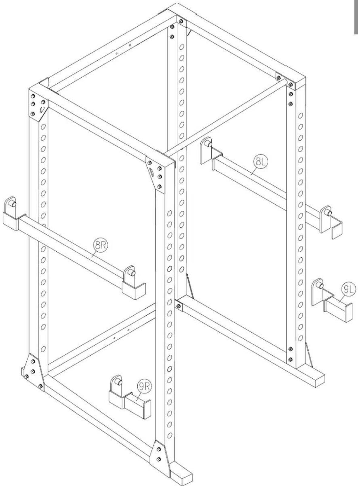 Technical diagram of a multi-level metal shelving unit with labeled components including 8R, 9R, and 8L.