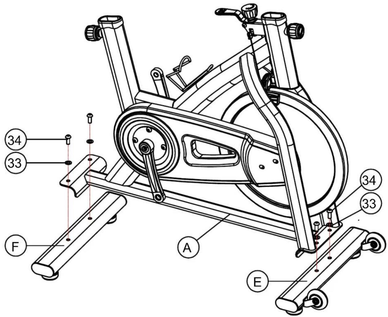 Technical diagram of an exercise bike with labeled components including arms, legs, and wheel assembly