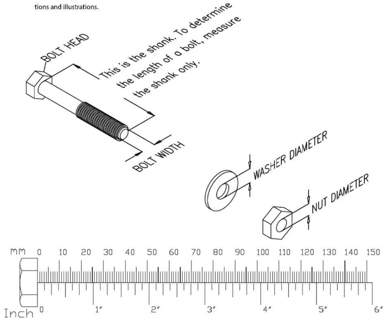 tions and illustrations. BOLT HEAD This is the shank. To determine the length of a bolt, measure the shank only. BOLT WIDTH WASHER DIAMETER NUT DIAMETER Inch 0 10 20 30 40 50 60 70 80 90 100 110 120 130 140 150 mm 0 10 20 30 40 50 60 70 80 90 100 110 120 130 140 150
