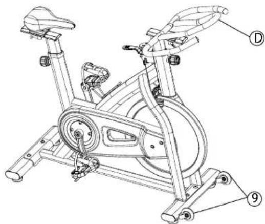 Technical line drawing of a stationary exercise bike with labeled components