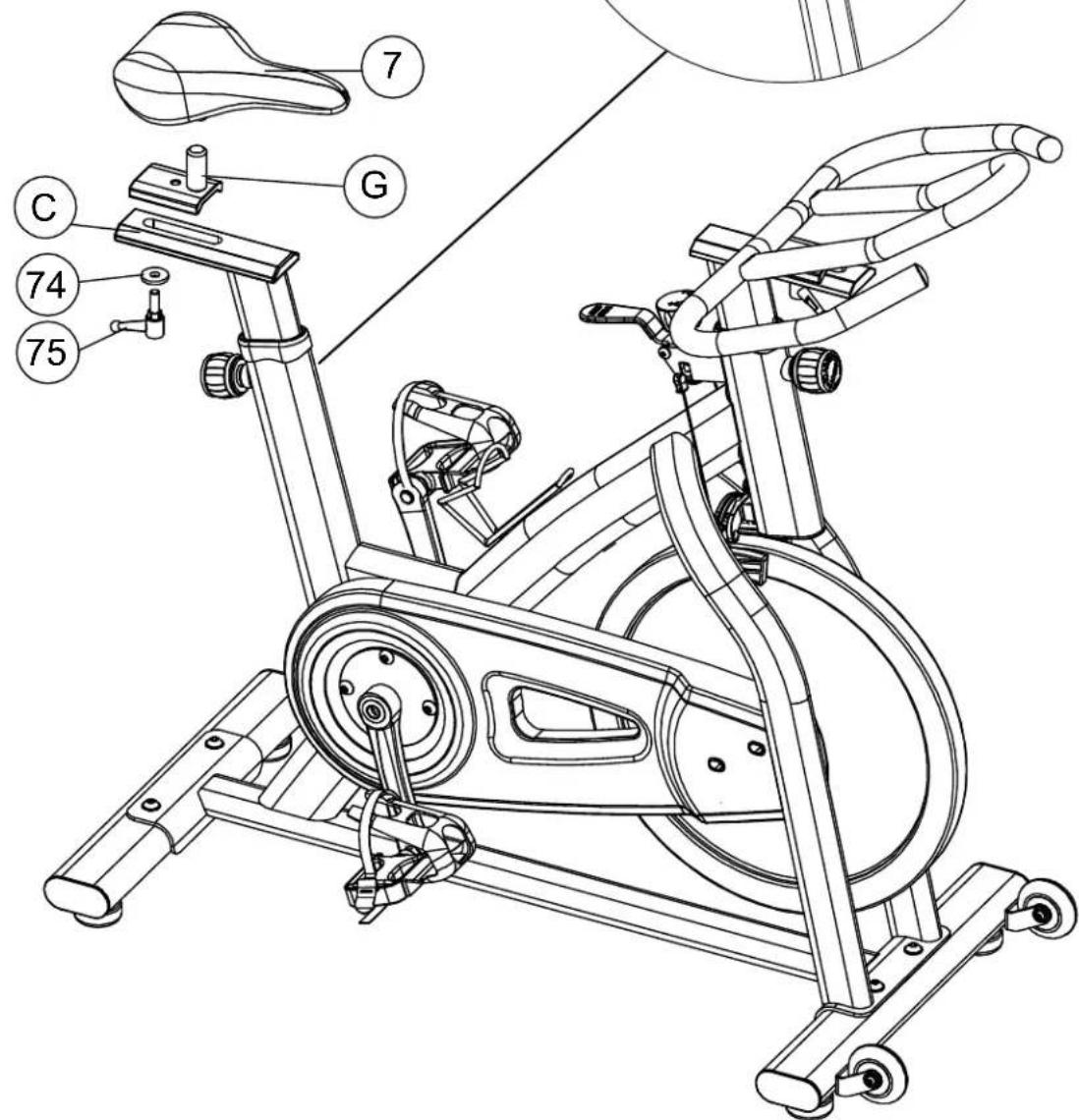 Technical diagram of an exercise bike with labeled parts including body weight, seat, and wheel assembly