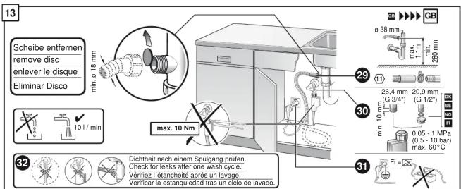 13 Scheibe entfernen remove disc enlever le disque Eliminar Disco min. ø 18 mm 10 l / min max. 10 Nm 29 30 31 GB ø 38 mm max. 1,1 m min. 280 mm 26,4 mm (G 3/4") 20,9 mm (G 1/2") 0,05 - 1 MPa (0,5 - 10 bar) max. 60°C 32 Dichtheit nach einem Spülgang prüfen. Check for leaks after one wash cycle. Verfleez l'étanchéte après un lavage. Verificar la estanquidad tras un ciclo de lavado.