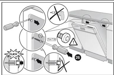 Diagram illustrating a mechanical assembly with labeled parts including screwdriver, switch, and warning symbols