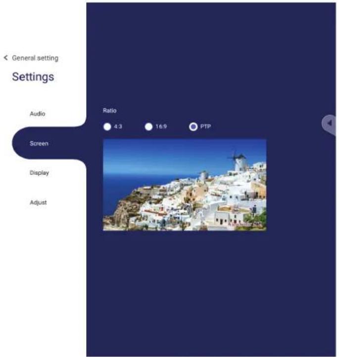 General setting Settings Audio Ratio 4:3 16:9 PTP Screen Display Adjust