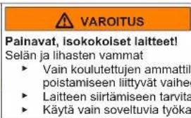 VAROITUS Painavat, isokokolset laitteet! Selän ja lihasten vammat ► Vain koulutettujen ammattil poistamiseen liittyvät vaihe ► Laitteen siirtämiseen tarvita ► Käytä vain soveltuvia työka