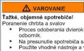 VAROVANIE Čažké, objemné spotrebiče! Poranenie chrbta a svalov ► Proces odoberania dvierok odborník. ► Na presunutie spotrebiča sa ► Použite vhodné nástroje a v