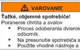 VAROVANIE Čažké, objemné spotrebiče! Poranenie chrbta a svalov ► Proces odoberania dvierok odborník. ► Na presunutie spotrebiča s ► Použite vhodné nástroje a