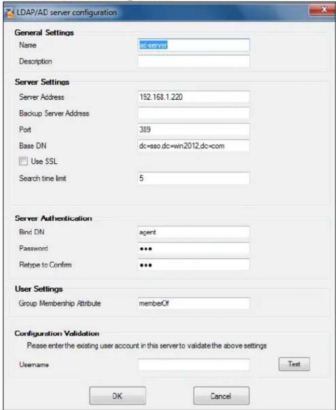 LDAP/AD server configuration General Settings Name ak-server Description Server Settings Server Address 152.168.1.220 Backup Server Address Port 389 Base DN dc=sso.dc=win2012,dc=com Use SSL Search time limit 5 Server Authentication Bind DN agent Password ••• Retype to Confirm ••• User Settings Group Membership Attribute memberOf Configuration Validation Please enter the existing user account in this server to validate the above settings Username Test OK Cancel