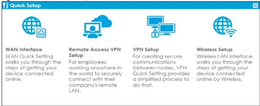 Quick Setup WAN Interface WAN Quick Setting walks you through the steps of getting your device connected online. Remote Access VPN Setup For employees working anywhere in the world to securely connect with their company's remote LAN. VPN Setup For creating secure communications between nodes, VPN Quick Setting provides a simplified process to do that. Wireless Setup Wireless LAN Interface walks you through the steps of getting your device connected online by Wireless.
