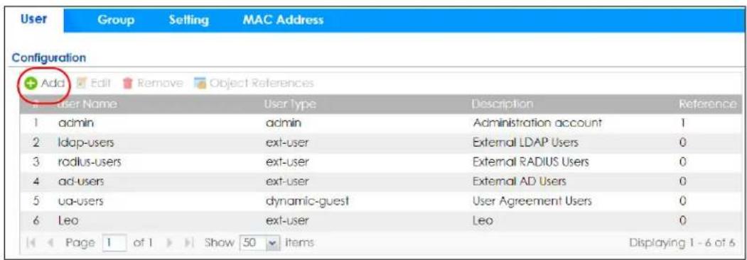 User Group Setting MAC Address Configuration + Add Edit Remove Object References user Name User Type Description Reference 1 admin admin Administration account 1 2 Idap-users ext-user External LDAP Users 0 3 radius-users ext-user External RADIUS Users 0 4 ad-users ext-user External AD Users 0 5 ua-users dynamic-guest User Agreement Users 0 6 Leo ext-user Leo 0 Page 1 of 1 Show 50 items Displaying 1 - 6 of 6