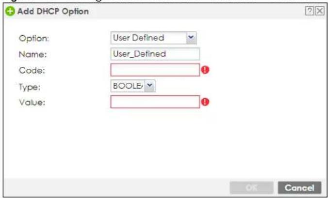Add DHCP Option Option: User Defined Name: User_Defined Code: Type: BOOLEAN Value: