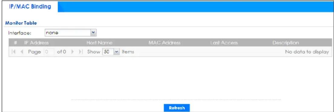 IP/MAC Binding Monitor Table Interface: none IP Address Host Name MAC Address Last Access Description Page of 0 Show 50 items No data to display Refresh