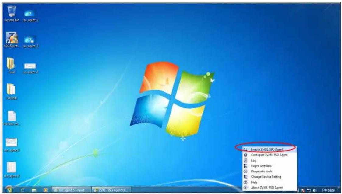 Recycle Bin sso agent 2 SSOAgent- sso agent 3 File sso agent 5 Textual Archives We... Bio Layer 1 Bio Layer 4 Enable ZyXEL SSD Agent Configure ZyXEL SSD Agent Log Logon user lists Diagnostic tools Change Service Setting Help About ZyXEL SSD Agent Win_agent 5 - Paint ZyXEL SSD Agent Us... 下午 03:09