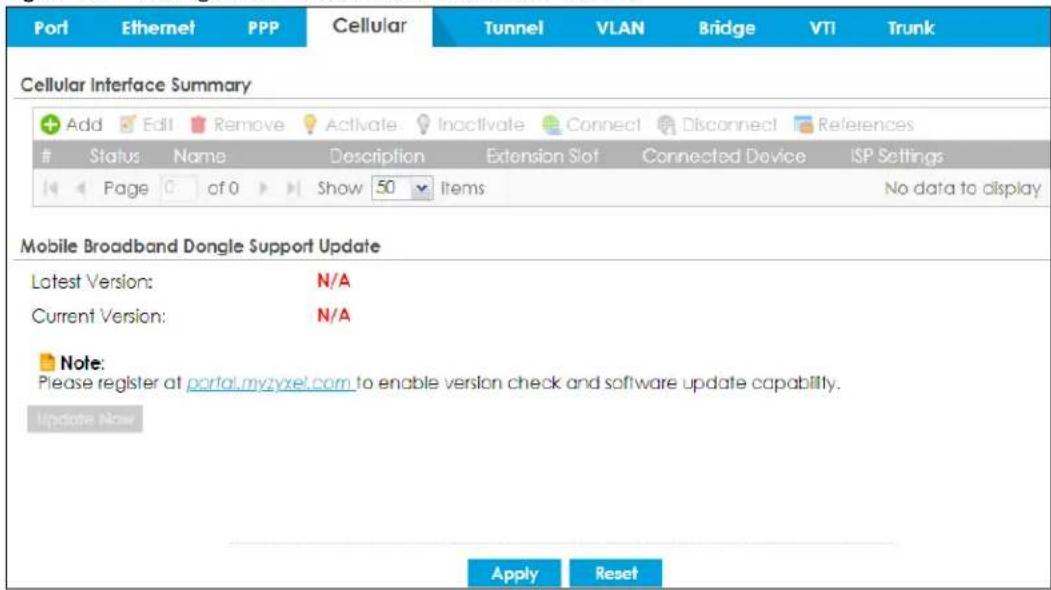 Port Ethernet PPP Cellular Tunnel VLAN Bridge VTI Trunk Cellular Interface Summary Add Edit Remove Activate Inactivate Connect Disconnect References Status Name Description Extension Slot Connected Device ISP Settings Page of 0 cf 0 Show 50 Items No data to display Mobile Broadband Dongle Support Update Latest Version: N/A Current Version: N/A Note: Please register at portal.myzyxe.com to enable version check and software update capability. Update Now Apply Reset