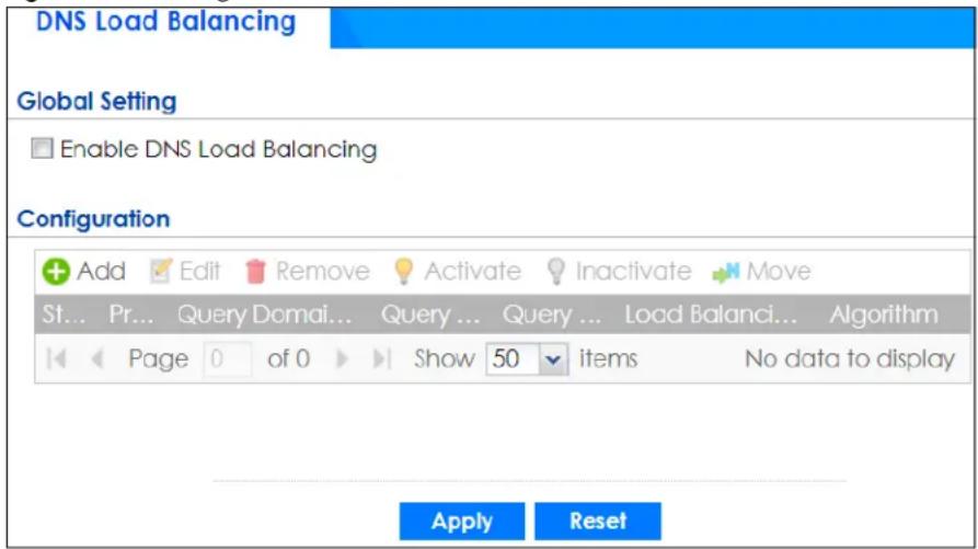 DNS Load Balancing Global Setting Enable DNS Load Balancing Configuration Add Edit Remove Activate Inactivate Move St... Pr... Query Domain... Query ... Query ... Load Balanci... Algorithm Page 0 of 0 Show 50 items No data to display Apply Reset