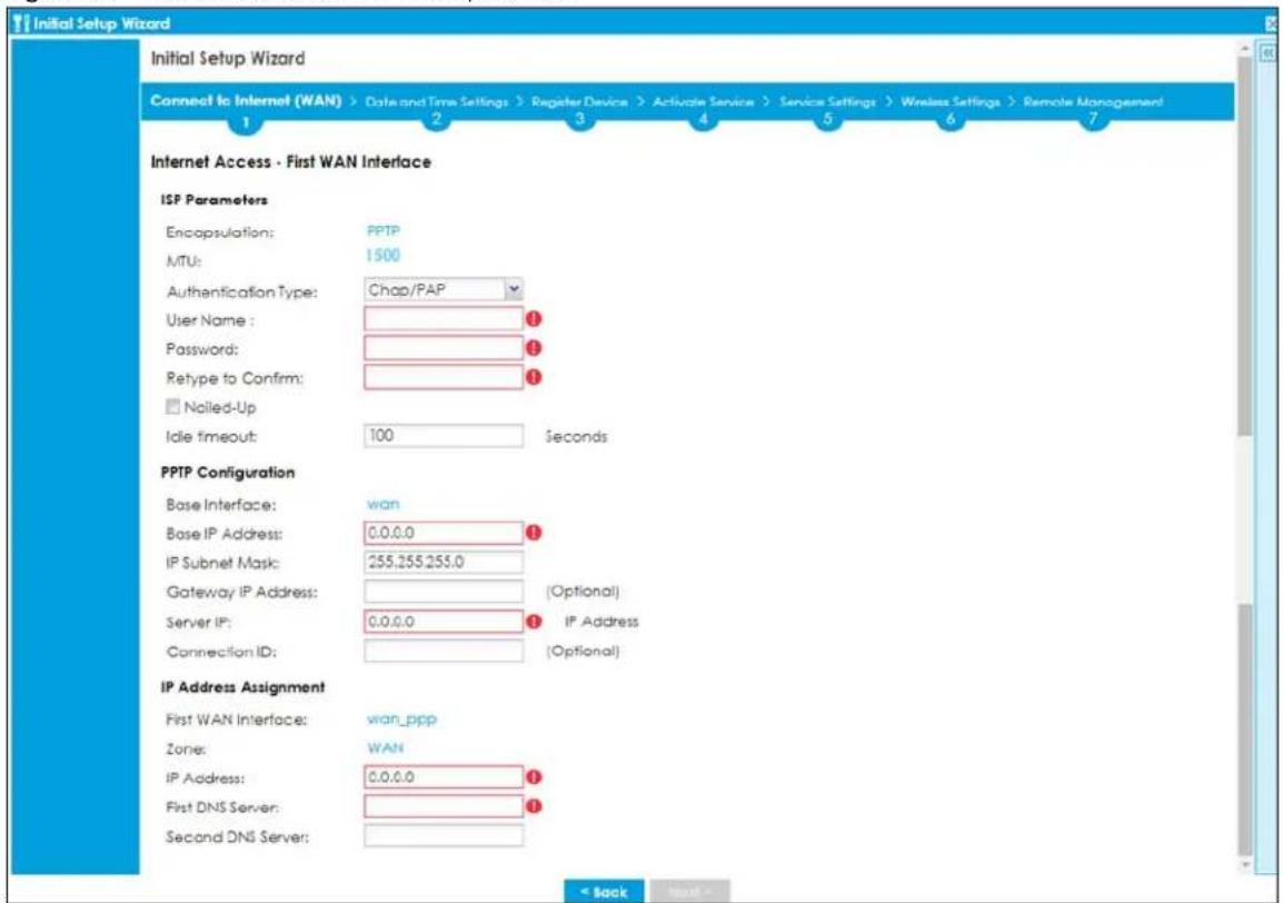 Initial Setup Wizard Connect to Internet (WAN) > Date and Time Settings > Register Device > Activate Service > Service Settings > Wireless Settings > Remote Management 1 2 3 4 5 6 7 Internet Access - First WAN Interface ISP Parameters Encapsulation: PPTP MTU: 1500 Authentication Type: Chap/PAP User Name : ① Password: ② Retype to Confirm: ③ Nailed-Up Idle timeout: 100 seconds PPTP Configuration Base Interface: wan Base IP Address: 0.0.0.0 ① IP Subnet Mask: 255,255,255.0 Gateway IP Address: (Optional) Server IP: 0.0.0.0 ④ IP Address Connection ID: (Optional) IP Address Assignment First WAN Interface: wan_ppp Zone: WAN IP Address: 0.0.0.0 ① First DNS Server: ② Second DNS Server: < Back Next >