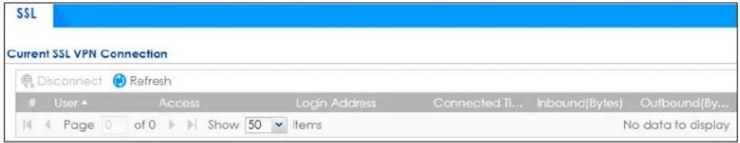 SSL Current SSL VPN Connection Disconnect Refresh User Access Login Address Connected Ti... Inbound(Bytes) Outbound(By... Page 0 of 0 Show 50 items No data to display