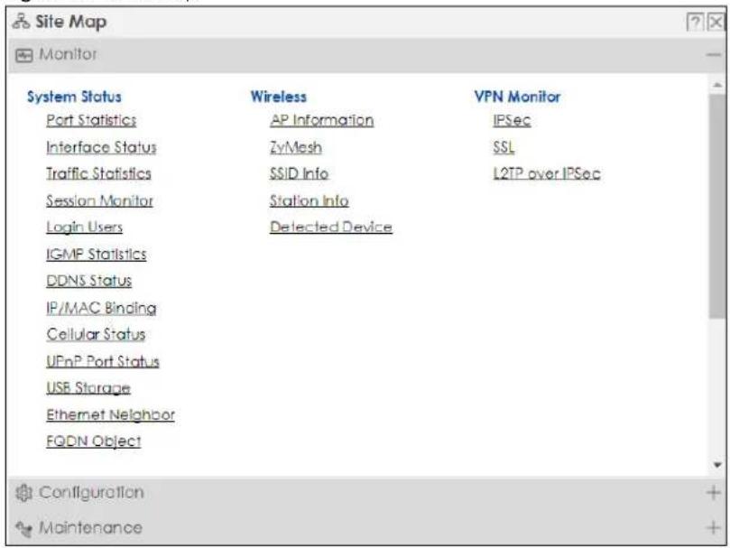 Site Map Monitor System Status Wireless VPN Monitor Port Statistics AP Information IPSec Interface Status ZyMesh SSL Traffic Statistics SSID Info L2TP over IPSec Session Monitor Station Info Login Users Detected Device IGMP Statistics DDNS Status IP/MAC Binding Cellular Status UPnP Port Status USB Storage Ethernet Neighbor FQDN Object Configuration + Maintenance +
