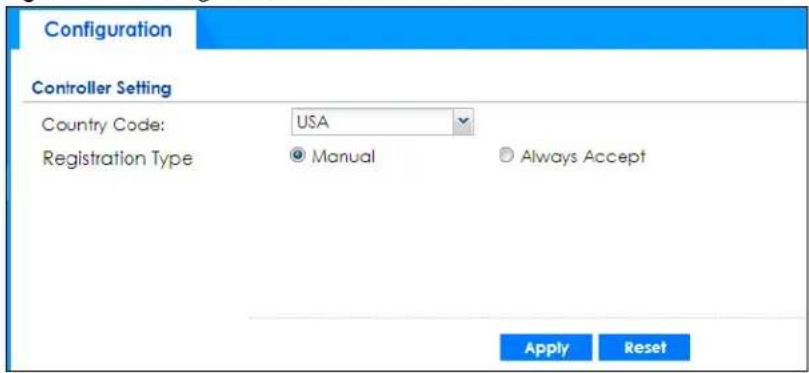 Configuration Controller Setting Country Code: USA Registration Type Manual Always Accept Apply Reset