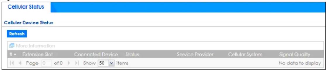 Cellular Status Cellular Device Status Refresh More Information Extension Slot Connected Device Status Service Provider Cellular System Signal Quality Page 0 of 0 Show 50 items No data to display