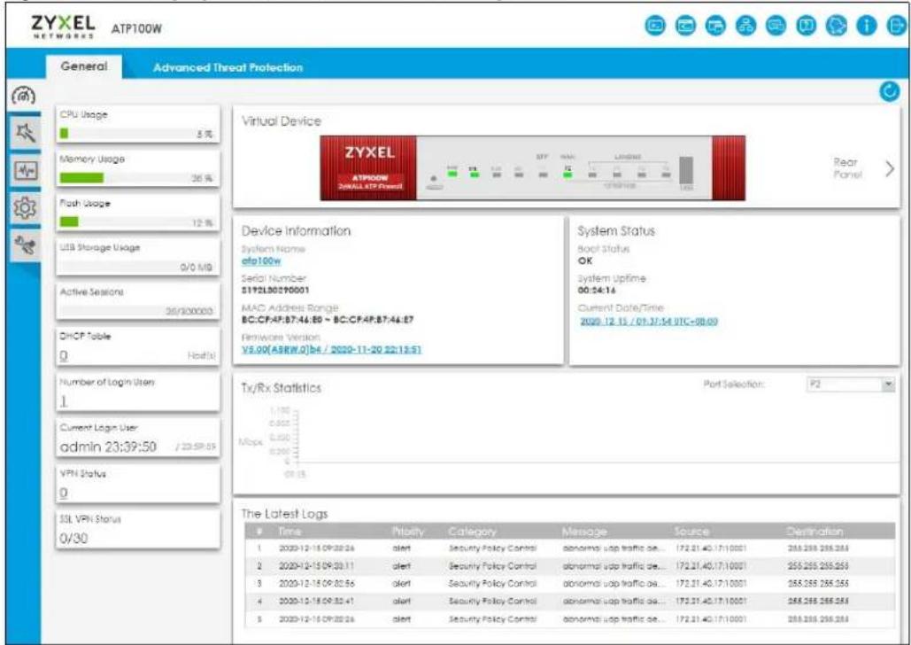 ZYXEL NETWORKS ATP100W General Advanced Threat Protection CPU Usage 8 % Memory Usage 36 % Flash Usage 12 % USB Storage Usage 0/0 MB Active Sessions 26/12/2000 DHCP Table 0 Node(s) Number of Login Users 1 Current Login User admin 23:39:50 / 23:59:55 VPN Status 0 SSL VPN Status 0/30 Virtual Device ZYXEL ATP100W 26/04/2000 BPF WAF LPGNME Rear Panel Device Information System Name cfa100w Serial Number 5192L00270001 MAC Address Range BC:CF:AF:B7:46:E0 ~ BC:CF:AF:B7:46:E7 Removers Version: V5.00(ASRW.0)b4 / 2020-11-20 22:15:51 System Status boot Status OK System Uptime 00:34:14 Current Date/Time: 2020-12-15 / 09:37:54 UTC=98.69 Tx/Rx Statistics Port Selection: P2 Mbps 1.100 0.600 0.300 0.200 09:15 The Latest Logs Time Priority人類ically Megatoryity Ctrlarying_Source Destination 1 2020-12-15 09:30:24 Alert Security Policy Control(abnormal void traffic de... 172.21.40.17:10001 268.268.268.268 2 2020-12-15 09:30:11 Alert Security Policy Control(abnormal void traffic de... 172.21.40.17:10001 268.268.268.268 3 2020-12-15 09:32:56 Alert Security Policy Control(abnormal void traffic de... 172.21.40.17:10001 268.268.268.268 4 2020-12-15 09:32:41 Alert Security Policy Control(abnormal void traffic de... 172.21.40.17:10001 268.268.268.268 5 2020-12-15 09:30:24 Alert Security Policy Control(abnormal void traffic de... 172.21.40.17:10001 268.268.268.268
