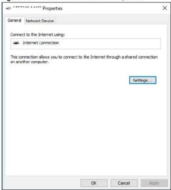 Internet10 M23 Properties General Network Device Connect to the Internet using: Internet Connection This connection allows you to connect to the Internet through a shared connection on another computer. Settings... OK Cancel Apply