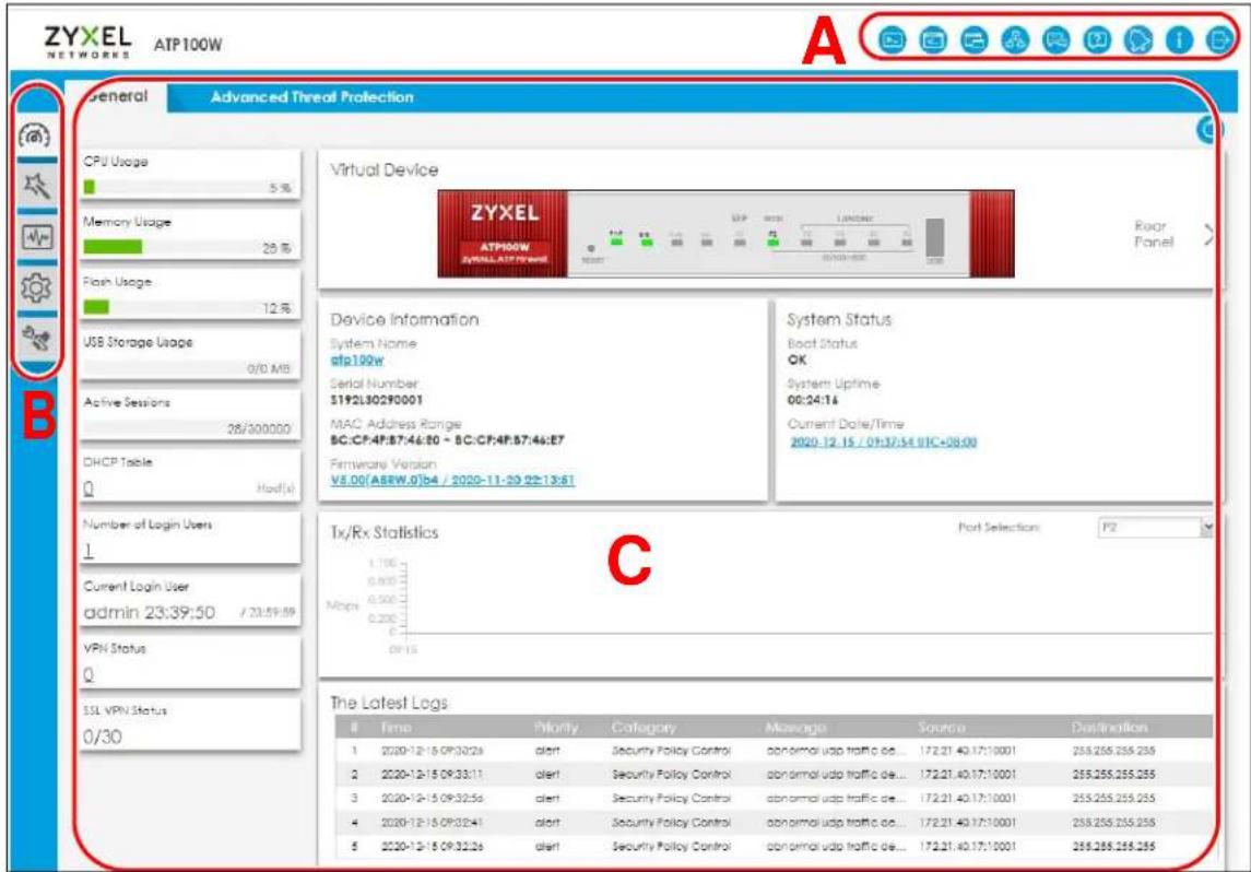 ZYXEL NETWORKS ATP100W General Advanced Thread Protection CPU Usage 5 % Memory Usage 25 % Flash Usage 12 % USB Storage Usage 0/0 MB Active Sessions 28/300000 DHCP Table Host(s) Number of Login Users 1 Current Login User admin 23:39:50 / 20:59:59 VPN Status Q SSL VPN Status 0/30 Virtual Device ZYXEL ATP100W SYSTEM NAME gfp100w Serial Number: 5192L30290001 MAC Address Range: BC:CF:4P:87:46:80 - BC:CF:4P:87:46:E7 Firmware Version V5.00(ABRW.0)b4 / 2020-11-29 22:13:81 System Status Boot Status OK System Uptime: 00:24:16 Current Date/Time: 2020-12-15 / 09:37:54 IUC+08:00 Tx/Rx Statistics Port Selection P2 C The Latest Logs Time Priority Category Manage Source Destination 1 2020-12-15 09:32:26 alert Security Policy Control abnormal udp traffic de... 172.21 40.17:10001 255.255.255.255 2 2020-12-15 09:33:11 alert Security Policy Control abnormal udp traffic de... 172.21 40.17:10001 255.255.255.255 3 2020-12-15 09:32:56 alert Security Policy Control abnormal udp traffic de... 172.21 40.17:10001 255.255.255.255 4 2020-12-15 09:32:41 alert Security Policy Control abnormal udp traffic de... 172.21 40.17:10001 255.255.255.255 5 2020-12-15 09:32:26 alert Security Policy Control abnormal udp traffic de... 172.21 40.17:10001 255.255.255.255