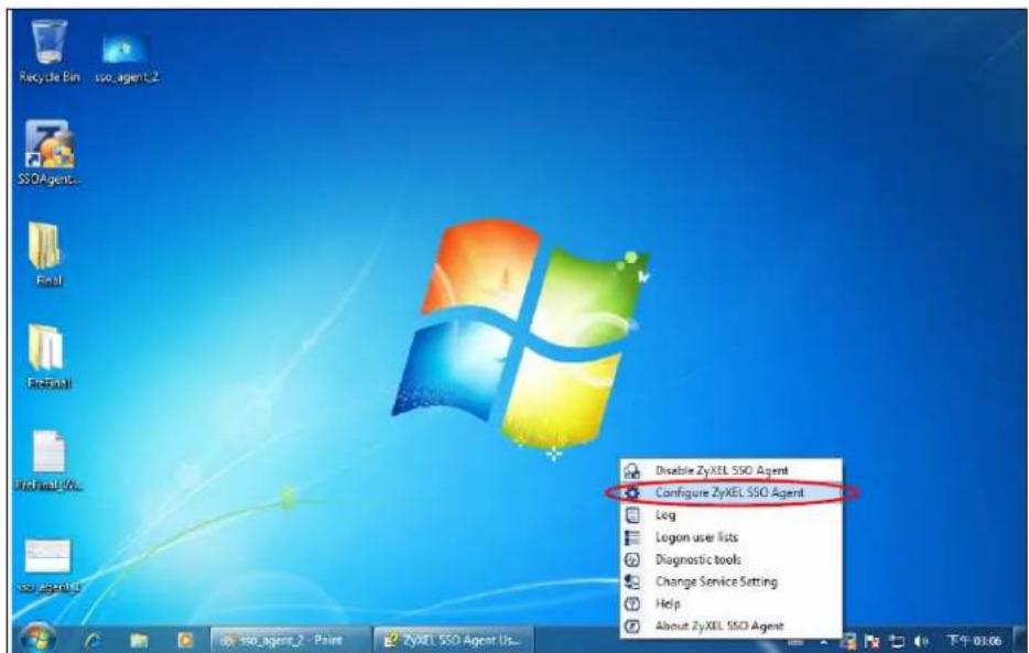 Recycle Bin SSOAgent_2 Final PreInstall RealRealVit... SSO Agent_1 SSO_agent_2 - Paint ZyxEL SSO Agent Us... Disable ZyxEL SSO Agent Configure ZyxEL SSO Agent Log Logon user lists Diagnostic tools Change Service Setting Help About ZyxEL SSO Agent 下午 03:06