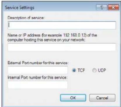 Service Settings Description of service: Name or IP address (for example 132.163.0.12) of the computer hosting this service on your network: External Port number for this service: TCP UDP Internal Port number for this service: OK Cancel