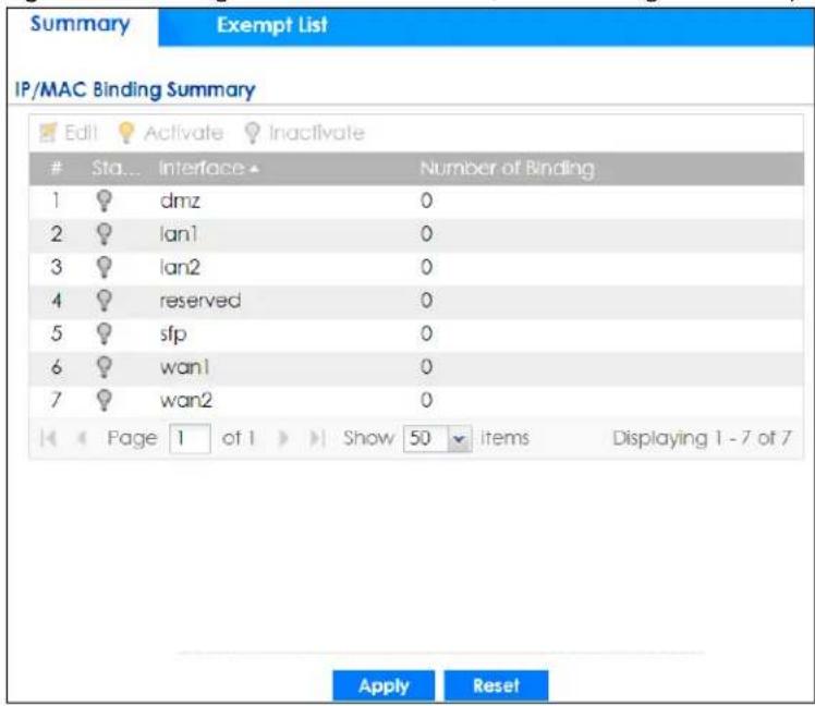 Summary Exempt List IP/MAC Binding Summary Edit Activate Inactivate Sta... Interface Number of Binding 1 dmz 0 2 lan1 0 3 lan2 0 4 reserved 0 5 sfp 0 6 wan1 0 7 wan2 0 Page 1 of 1 Show 50 items Displaying 1 - 7 of 7 Apply Reset