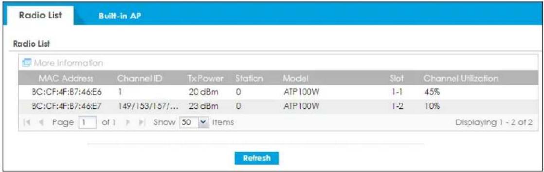 Radio List Built-in AP Radio List More Information MAC Address Channel ID TxPower Station Model Slot Channel Utilization BC:CF:4F:B7:46:E6 1 20 dBm 0 ATP100W 1-1 45% BC:CF:4F:B7:46:E7 149/153/157/... 23 dBm 0 ATP100W 1-2 10% Page 1 of 1 Show 50 Items Displaying 1 - 2 of 2 Refresh