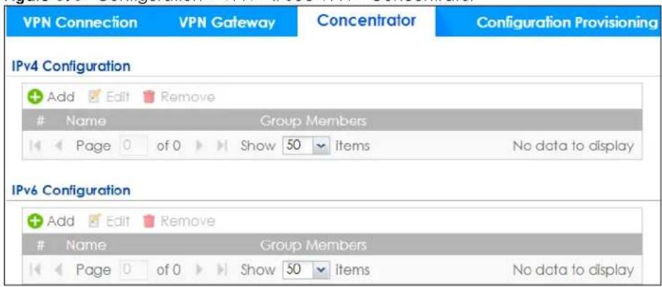 VPN Connection VPN Gateway Concentrator Configuration Provisioning IPv4 Configuration Add Edit Remove Name Group Members Page 0 of 0 Show 50 items No data to display IPv6 Configuration Add Edit Remove Name Group Members Page 0 of 0 Show 50 items No data to display