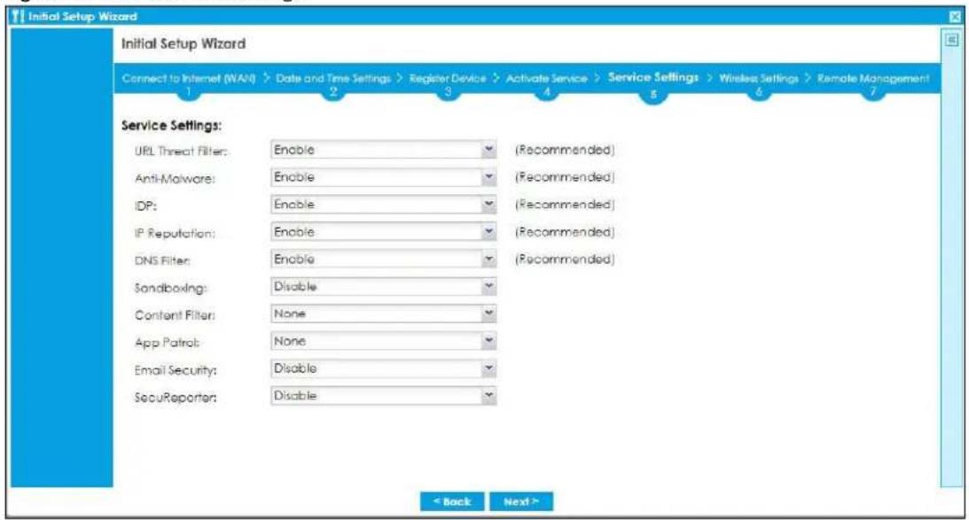 Initial Setup Wizard Connect to Internet (WAV) Date and Time Settings Register Device Activate Service Service Settings Wireless Settings Remote Management 1 2 3 4 5 6 7 Service Settings: URL Threat Filter: Enable Anti-Malware: Enable IDP: Enable IP Reputation: Enable DNS Filter: Enable Sandboxing: Disable Content Filter: None App Patrol: None Email Security: Disable SecuReporter: Disable < Back Next >