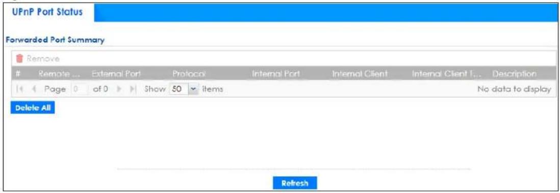UPnP Port Status Forwarded Port Summary Remove Remote ... External Port Protocol Internal Port Internal Client Internal Client T... Description Page 0 of 0 Show 50 items No data to display Delete All Refresh