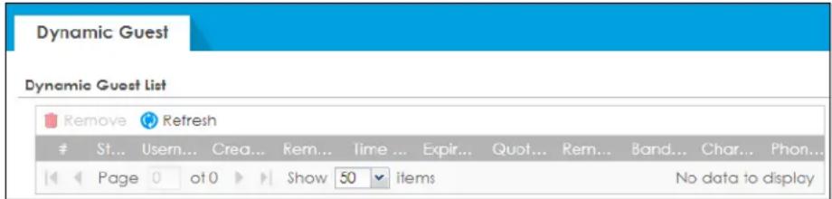 Dynamic Guest Dynamic Guest List Remove Refresh St... Userm... Crea... Rem... Time ... Expir... Quot... Rem... Band... Char... Phon... Page 0 at 0 Show 50 items No data to display