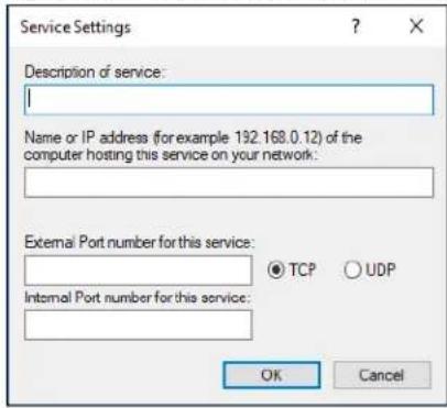 Service Settings Description of service: Name or IP address (for example 192.168.0.12) of the computer hosting this service on your network: External Port number for this service: TCP UDP Internal Port number for this service: OK Cancel