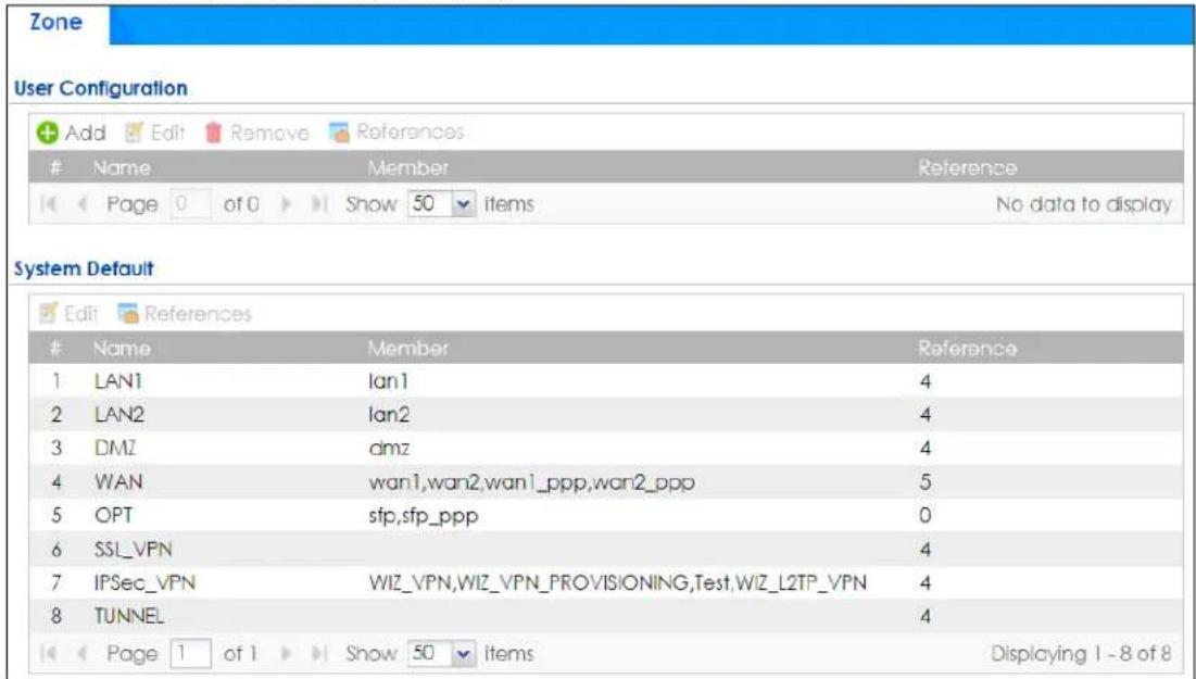 Zone User Configuration Add Edit Remove References Name Member Reference Page 0 of 0 Show 50 items No data to display System Default Edit References Name Member Reference 1 LAN1 lan1 4 2 LAN2 lan2 4 3 DMZ dmz 4 4 WAN wan1,wan2,wan1_ppp,wan2_ppp 5 5 OPT sfp,sfp_ppp 0 6 SSL_VPN 4 7 IPSec_VPN WIZ_VPN,WIZ_VPN_PROVISIONING,Test,WIZ_L2TP_VPN 4 8 TUNNEL 4 Page 1 of 1 Show 50 items Displaying 1 - 8 of 8