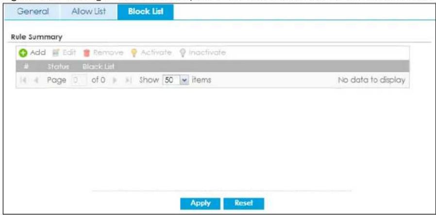 General Allow List Block List Rule Summary Add Edit Remove Activate Inactivate # Status Black List Page 0 of 0 Show 50 items No data to display Apply Reset
