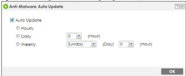 Anti-Malware Auto Update Auto Update Hourly Daily Weekly 0 (Hour) Sunday (Day) 0 (Hour) OK
