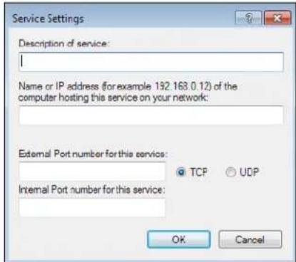 Service Settings Description of service: Name or IP address (for example 192.163.0.12) of the computer hosting this service on your network: External Port number for this service: TCP UDP Internal Port number for this service: OK Cancel