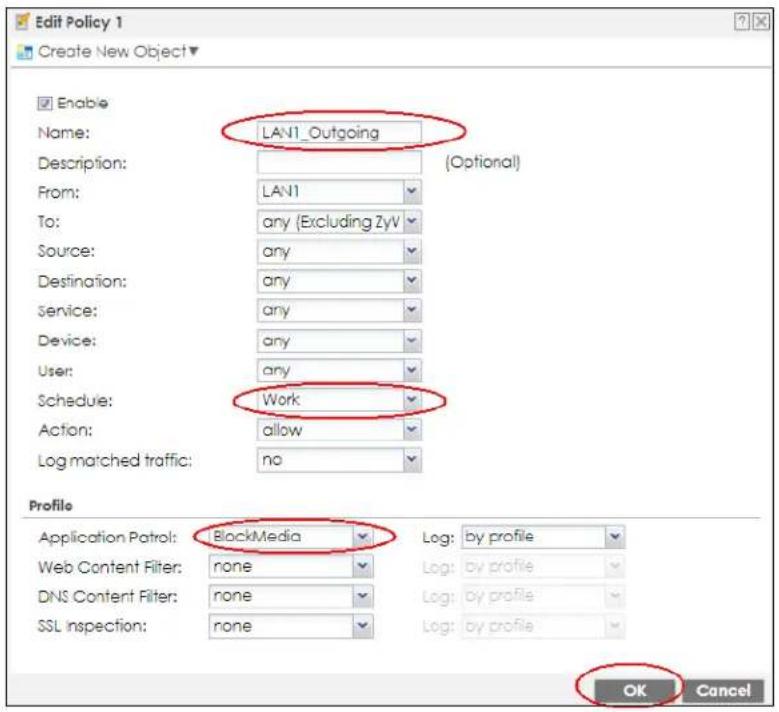 Edit Policy 1 Create New Object▼ Enable Name: LAN1_Outgoing Description: (Optional) From: LAN1 To: any (Excluding ZyV) Source: any Destination: any Service: any Device: any User: any Schedule: Work Action: allow Log matched traffic: no Profile Application Patrol: BlackMedia Log: by profile Web Content Filter: none Log: by profile DNS Content Filter: none Log: by profile SSL Inspection: none Log: by profile OK Cancel